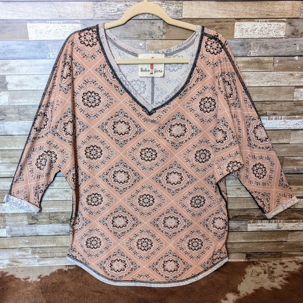Boho Jane Pink Boho With Black Stitching Dolman Sleeve Top